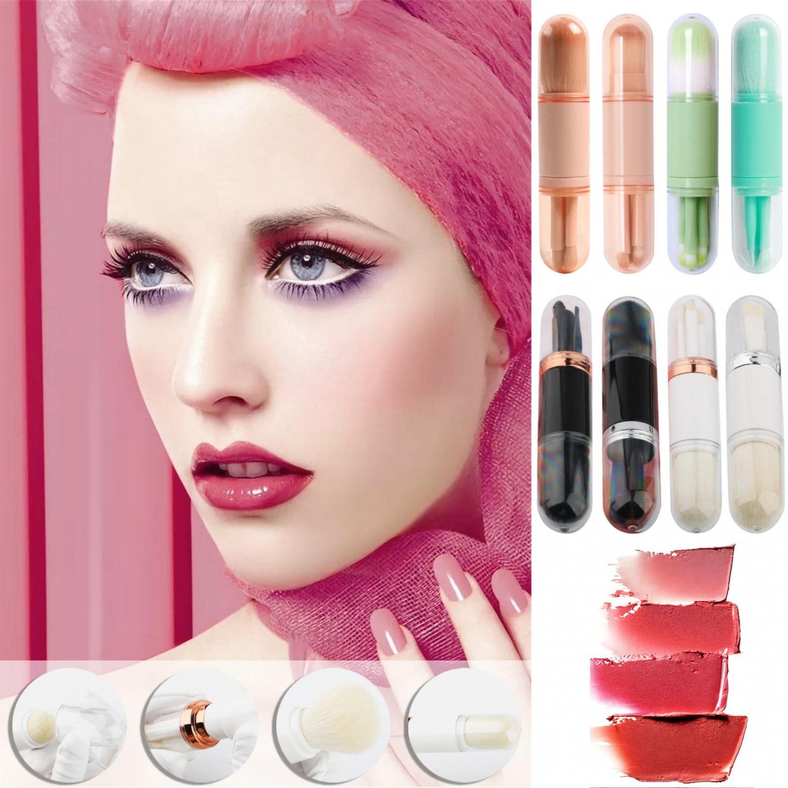 4-in-1 Travel Makeup Brush Set - Retractable Mini Eye & Face Brushes for Liquid, Powder, Concealer & Blush | Portable Cosmetic Tools for Women's On-the-Go Beauty Routine | Perfect for Travel, Office Touch-ups & Daily Makeup Application