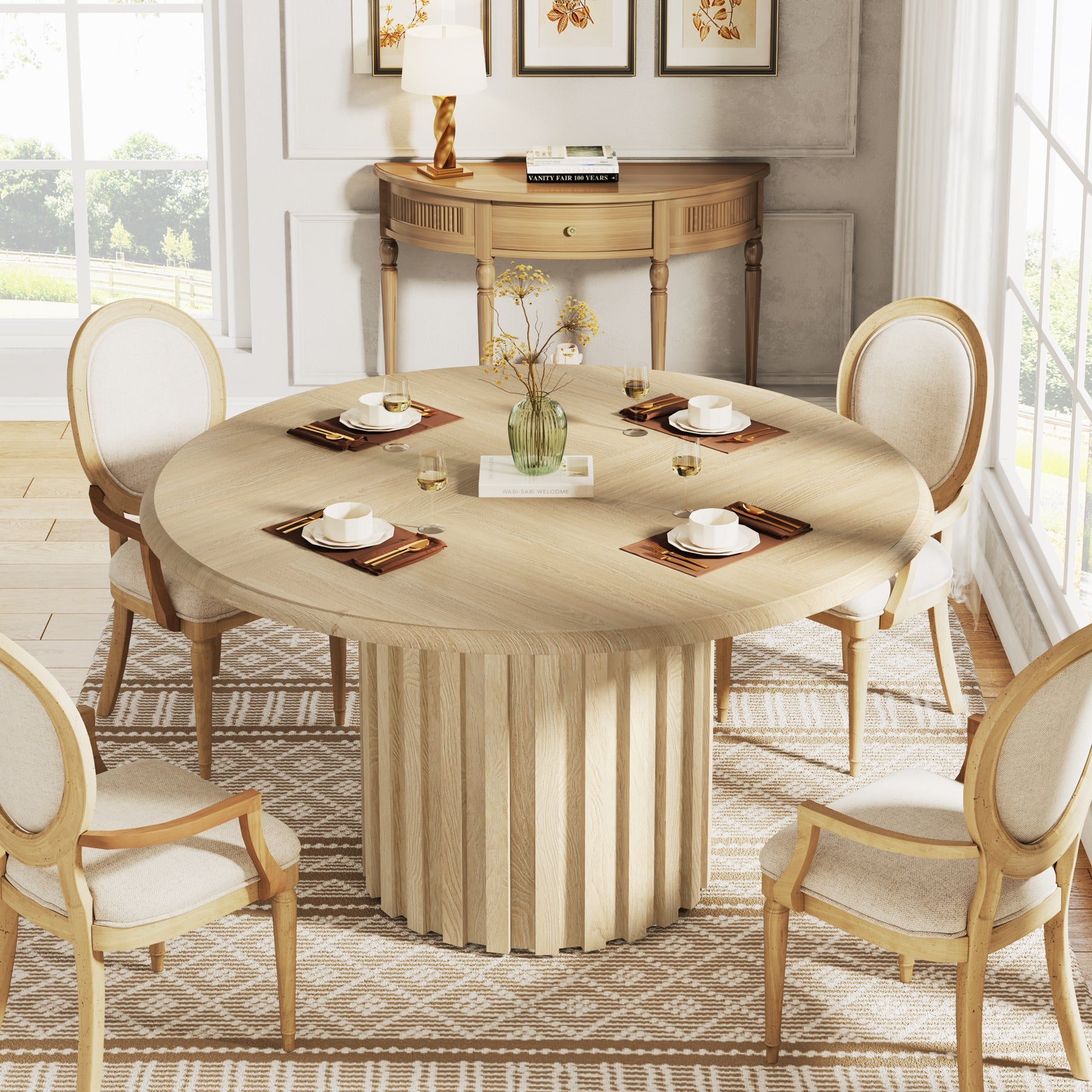 Farmhouse Round Dining Table 43.3 Inch - Rustic Kitchen Table with Sturdy Metal Base - Seats 4 - Perfect for Small Spaces, Breakfast Nooks & Cozy Family Meals