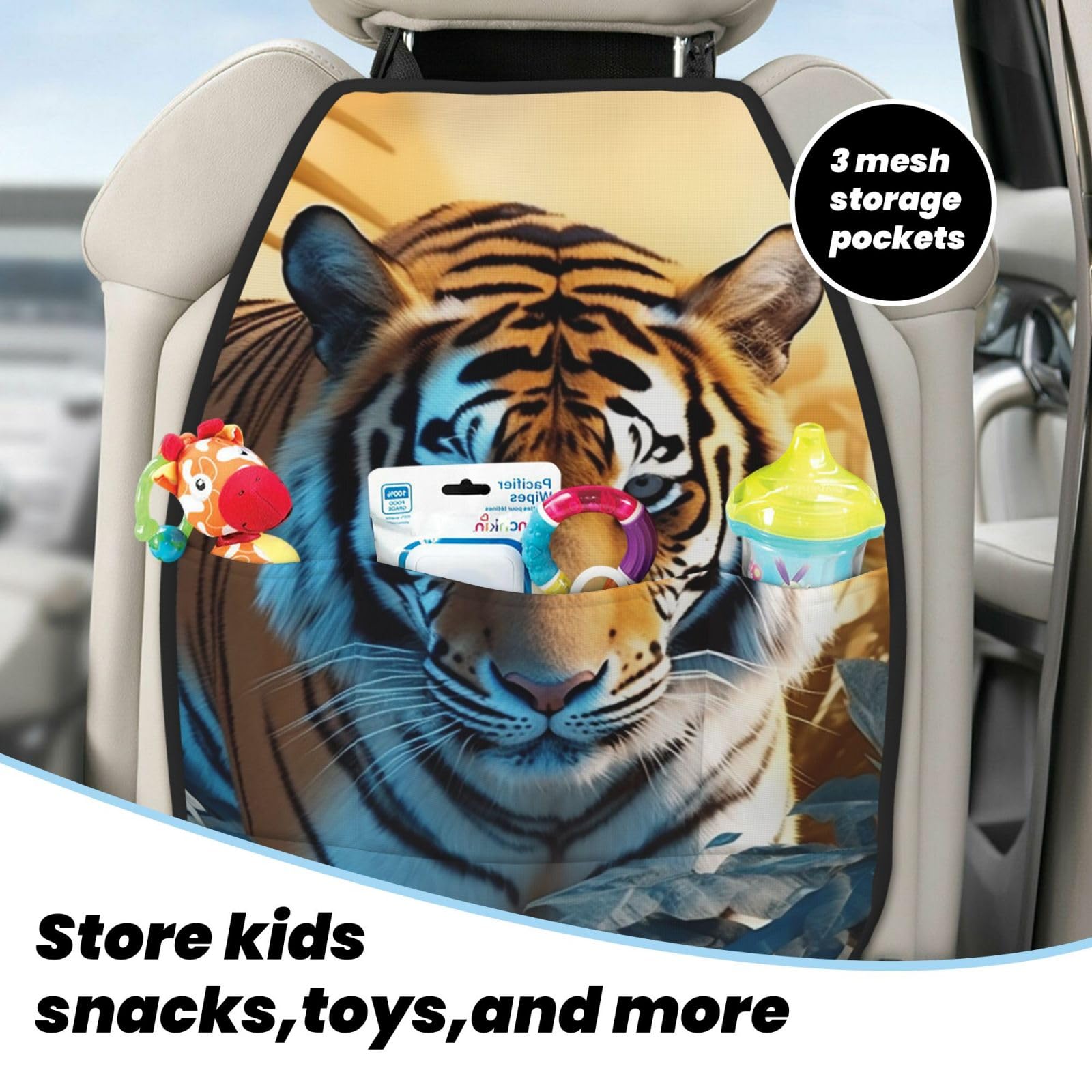 VTCTOASY 2 Pack Extra Large Waterproof Car Back Seat Protector with 3 Storage Pockets - Durable Kick Mat for Trucks & SUVs - African Wildlife Tiger Design - Perfect for Family Road Trips & Pet Protection
