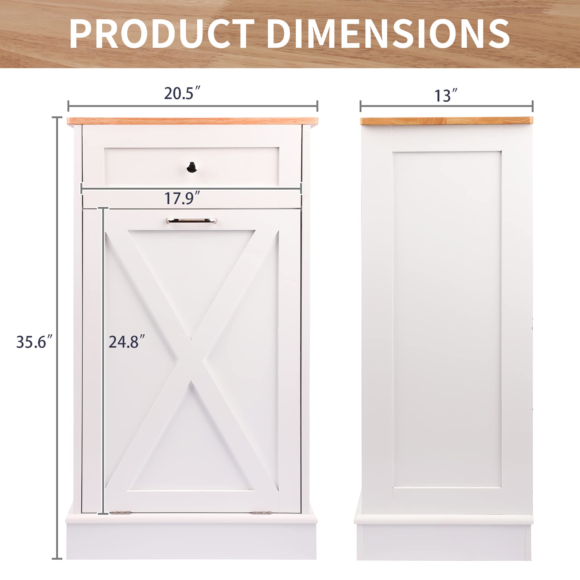 10 Gallon Wooden Tilt-Out Trash Cabinet - Free Standing Laundry Sorter & Recycling Bin with Hideaway Drawer - White Kitchen Waste Storage Solution for Home, Office, and Utility Rooms