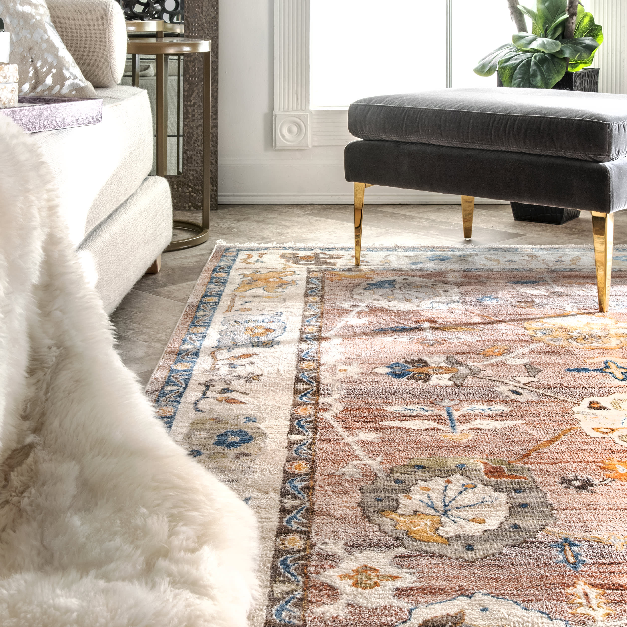 Distressed Foliage Rug - Light Brown Boho Chic Area Rug for Living Room, Bedroom, Nursery | Soft and Durable Indoor Floor Mat for Home Decor
