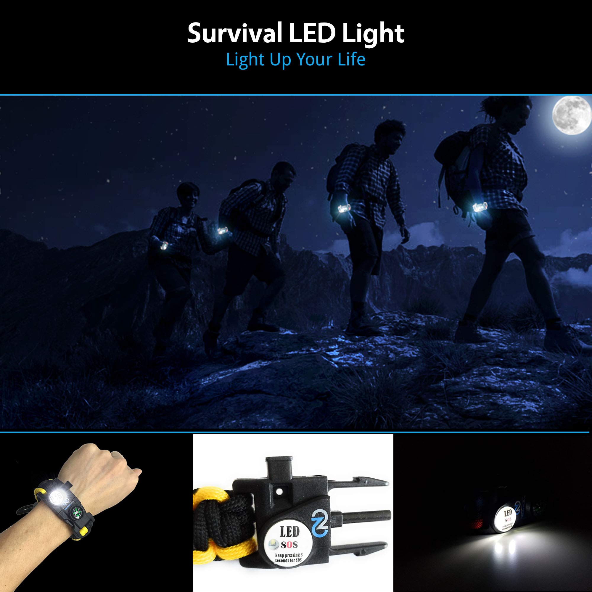 Survival Paracord Bracelet - 550 Grade Tactical Emergency Gear with SOS LED Light, Adjustable, Multitools, Fire Starter, Compass & Whistle - Set of 2 for Outdoor Adventures, Camping, Hiking & Emergency Preparedness