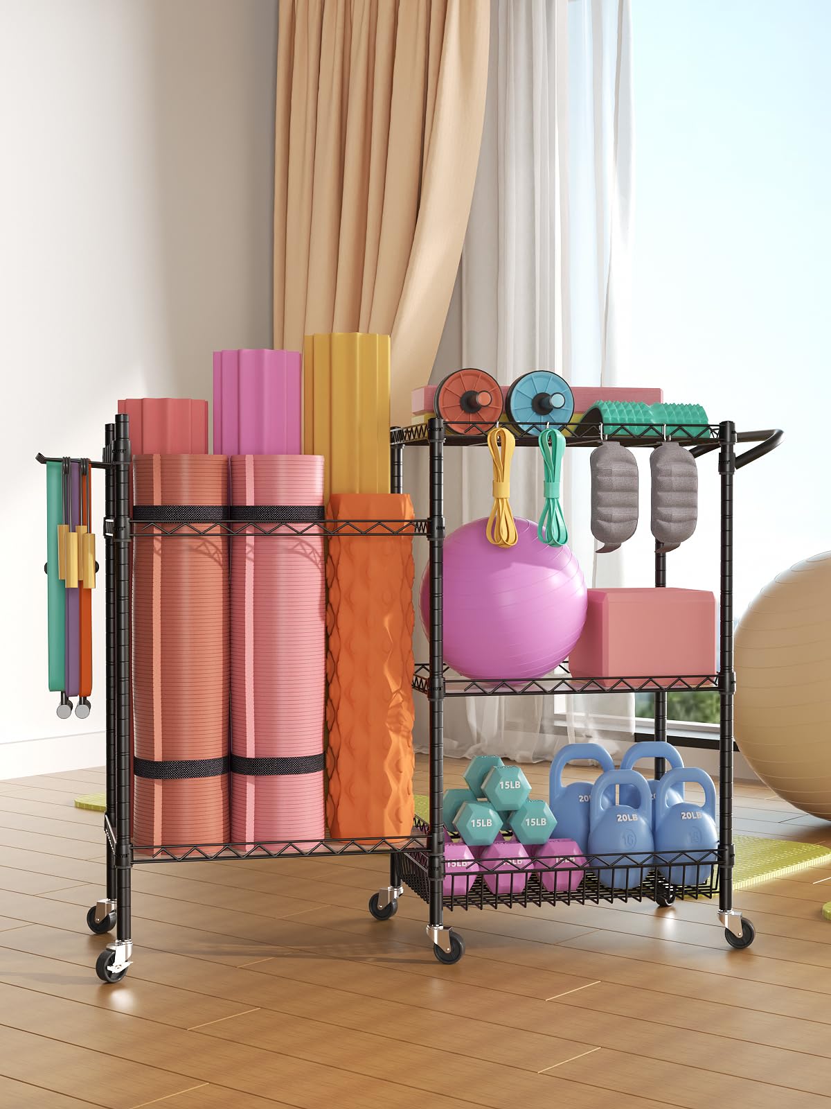 SINGAYE Dumbbell Rack Stand with Yoga Mat Storage - Heavy Duty Gym Equipment Organizer Cart with Hooks & Wheels for Home Gym, Workout Room & Fitness Studio - Black (Perfect for Dumbbell Storage & Yoga Mat Organization)