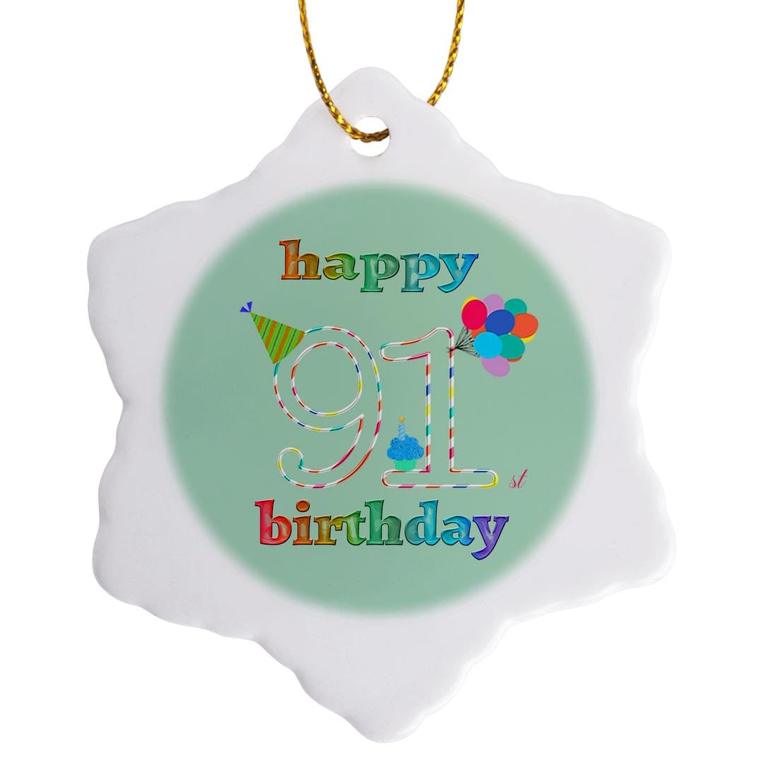 3 Inch Snowflake Porcelain Ornament - Happy 91st Birthday Cupcake with Candle, Balloons & Party Hat | Colorful Birthday Gift for Grandparents, Christmas Tree Decor, Holiday Keepsake