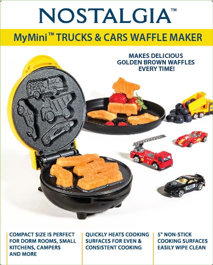 Nostalgia MyMini Cars and Trucks Shape Electric Waffle Maker - 5 Inch Non-Stick Griddle for Waffles, Pancakes, Hash Browns & Eggs - Perfect for Kids Breakfast, Party Snacks & Family Brunch - Yellow