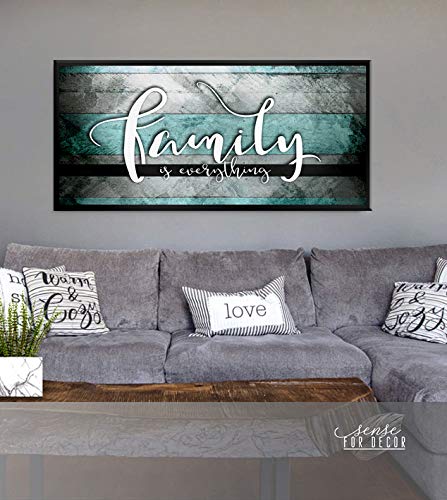 Family Is Everything Wall Art - Large Framed Canvas Painting for Living Room & Farmhouse Decor - Teal & Black Floating Frame 42x19 - Perfect for Home, Office & Gift Giving