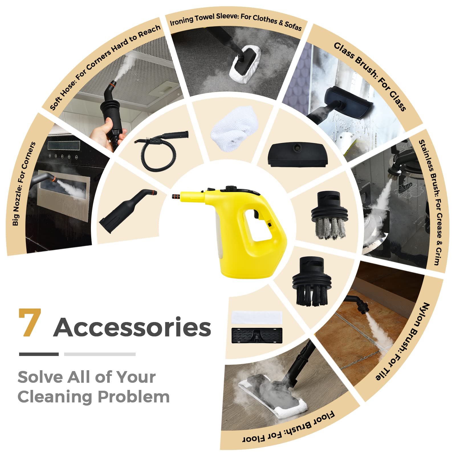 GOFLAME 1400W Handheld Steam Cleaner with 17-Piece Accessory Kit - Portable Pressurized Steamer for Home, Car, Floors, Carpets & Windows (350ml, Yellow) | Ideal for Deep Cleaning, Sanitizing & Removing Stubborn Stains