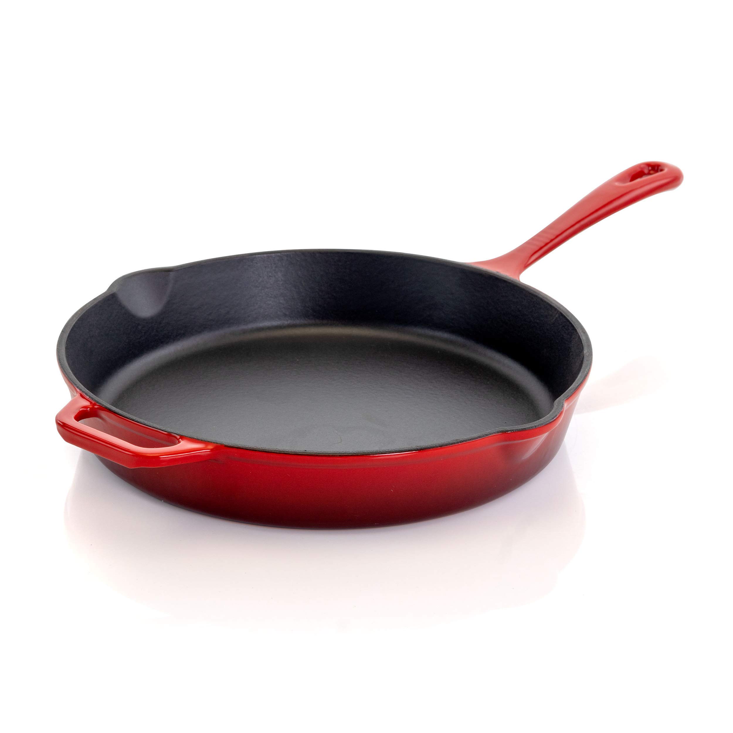 Megachef 10.25 Inch Red Enamel Cast Iron Skillet - Pre-Seasoned, Oven & Stovetop Safe for Searing, Baking & Frying - Perfect for Steaks, Pancakes & Dutch Oven Cooking