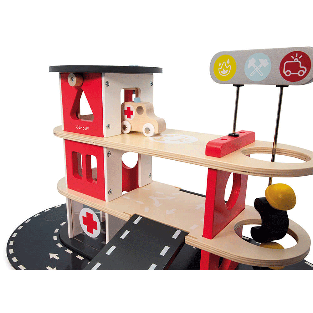 Janod Bolid Fire Station Toy - Wooden Fire Truck Playset for Kids, Pretend Play & Imaginative Learning - Perfect for Preschoolers & Toddlers (Indoor Play, Birthday Gifts, Daycare Activities)