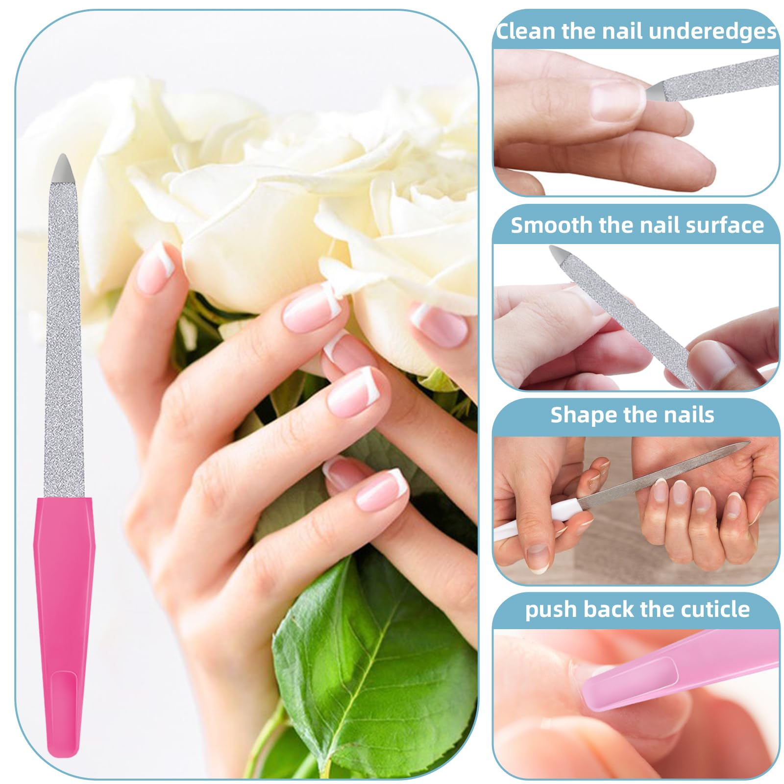 6Pcs Stainless Steel Diamond Nail Files Set - Professional Metal Nail Buffer with Sharp Tip & Non-Slip Handle for Salon, Home & Travel Use - Perfect for Manicures, Pedicures & Nail Art (Colorful)