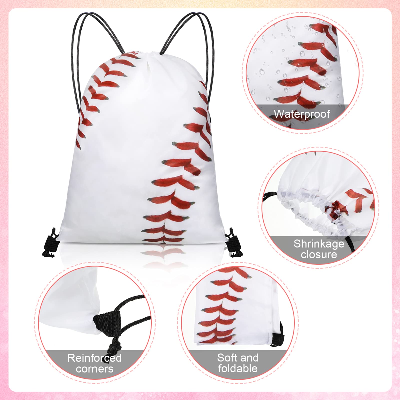 8-Piece White Baseball Pattern Drawstring Party Favor Bags - Sports Gym Backpack Pouches for Kids Birthday Favors, Team Events & School Activities