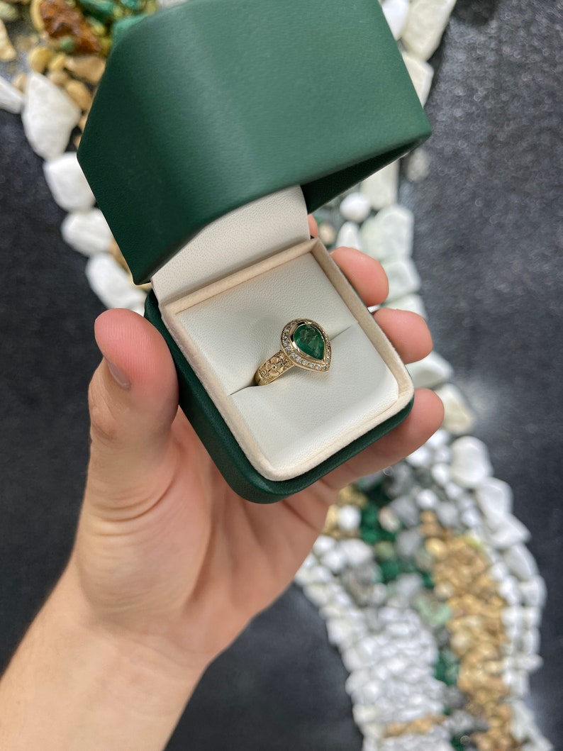 1.86tcw 14K Gold Natural Emerald Pear Cut Diamond Floral Engagement Ring for Women - Perfect for Weddings, Anniversaries & Special Occasions