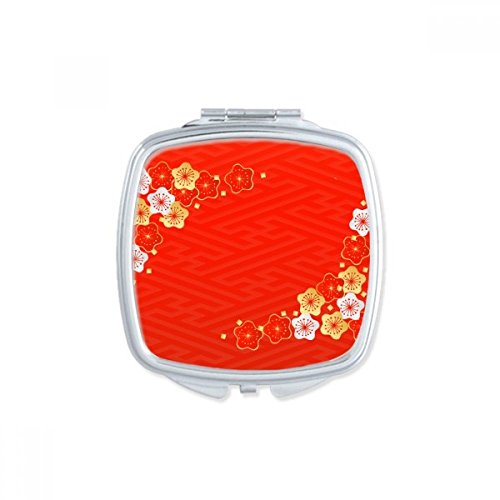Golden Red Sakura Pattern Japan Square Mirror - Portable Compact Pocket Makeup Mirror with Double Sided Glass for Travel, Home Vanity & Handbag Essentials