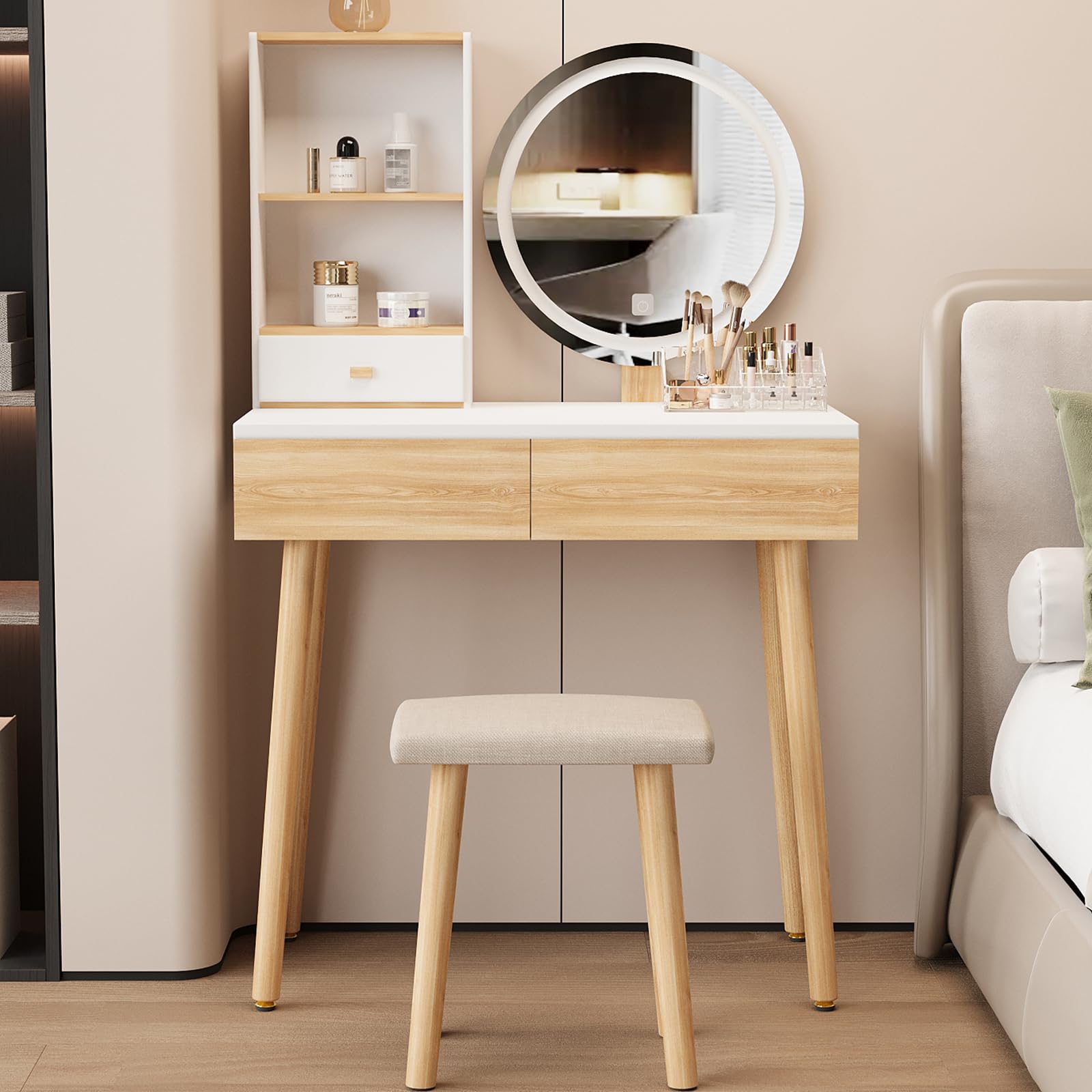 YOURLITE Makeup Vanity Desk with LED Lights - Adjustable Brightness Mirror, Compact Vanity Table with Drawers & Storage Shelves for Small Spaces - Perfect for Bedroom, Dorm & Apartment Beauty Setup