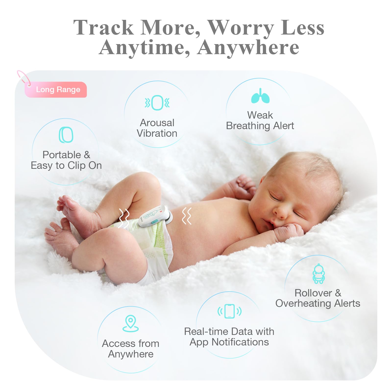 Sense-U Pro Baby Breathing Monitor with Real-Time Alerts – Track No Breathing, Rollover & Overheating Remotely | Vibration, Sound & App Notifications | Clip-On Wearable Design for Home, Travel & Nursery Safety