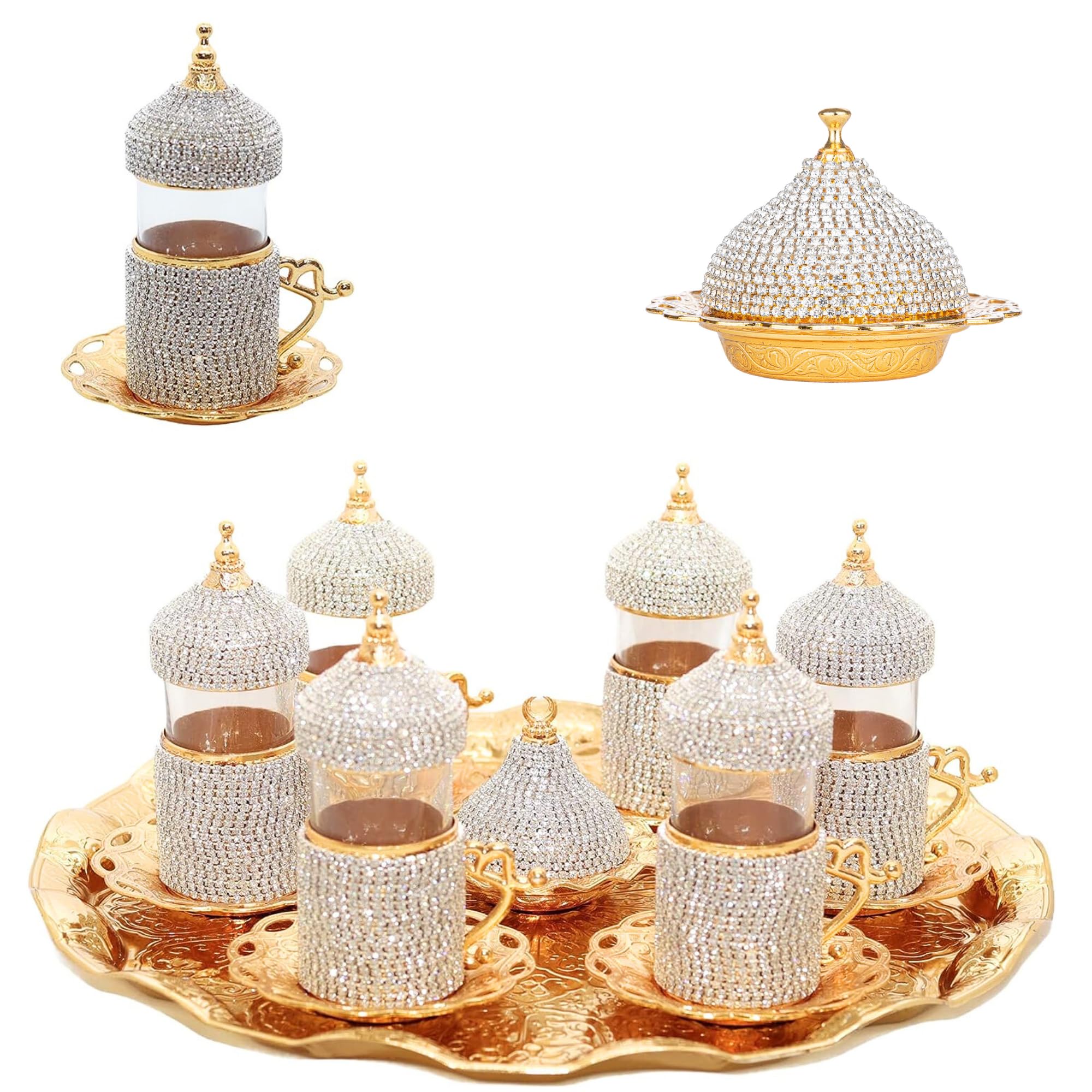 Premium Turkish Tea Glass Set with Crystal Embellishments - 6-Piece Gold-Plated Zamak Holder & Saucer Set - Elegant Tea Serving for Home, Parties & Turkish Coffee Ceremonies