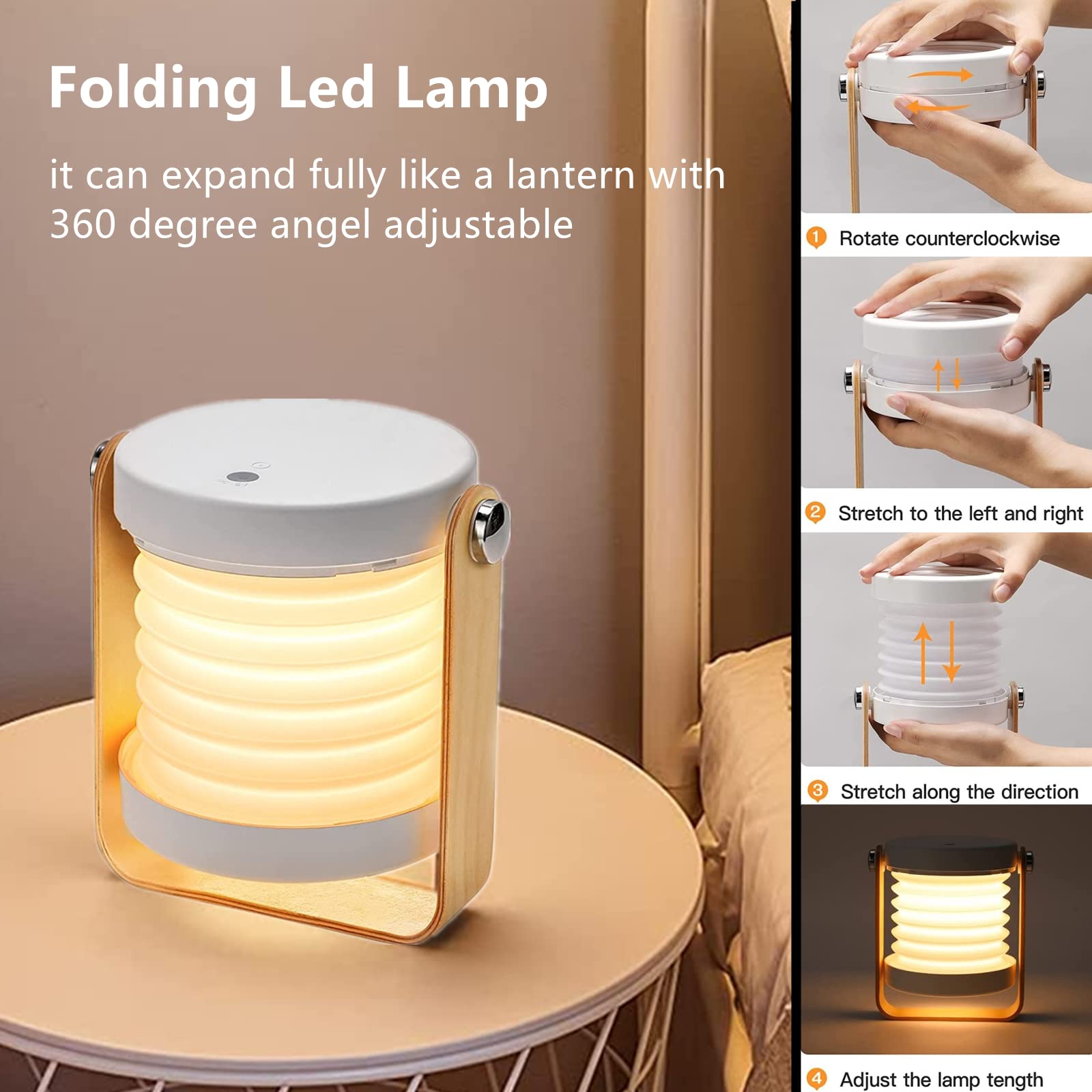 ALLOMN Folding Table Lamp - 3-Level Dimmable LED Reading Light with USB Charging, Portable Telescopic Night Light & Wooden Handle | Perfect for Bedside Reading, Camping, and Emergency Lighting