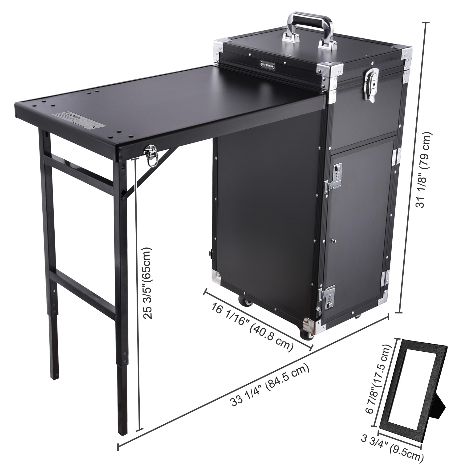 BYOOTIQUE Portable Rolling Manicure Table with 4 Drawers & Mirror - Foldable Nail Salon Station, Makeup Train Case & Tattoo Workstation for Professional Beauty Services, Home Salon & Travel Use - Black