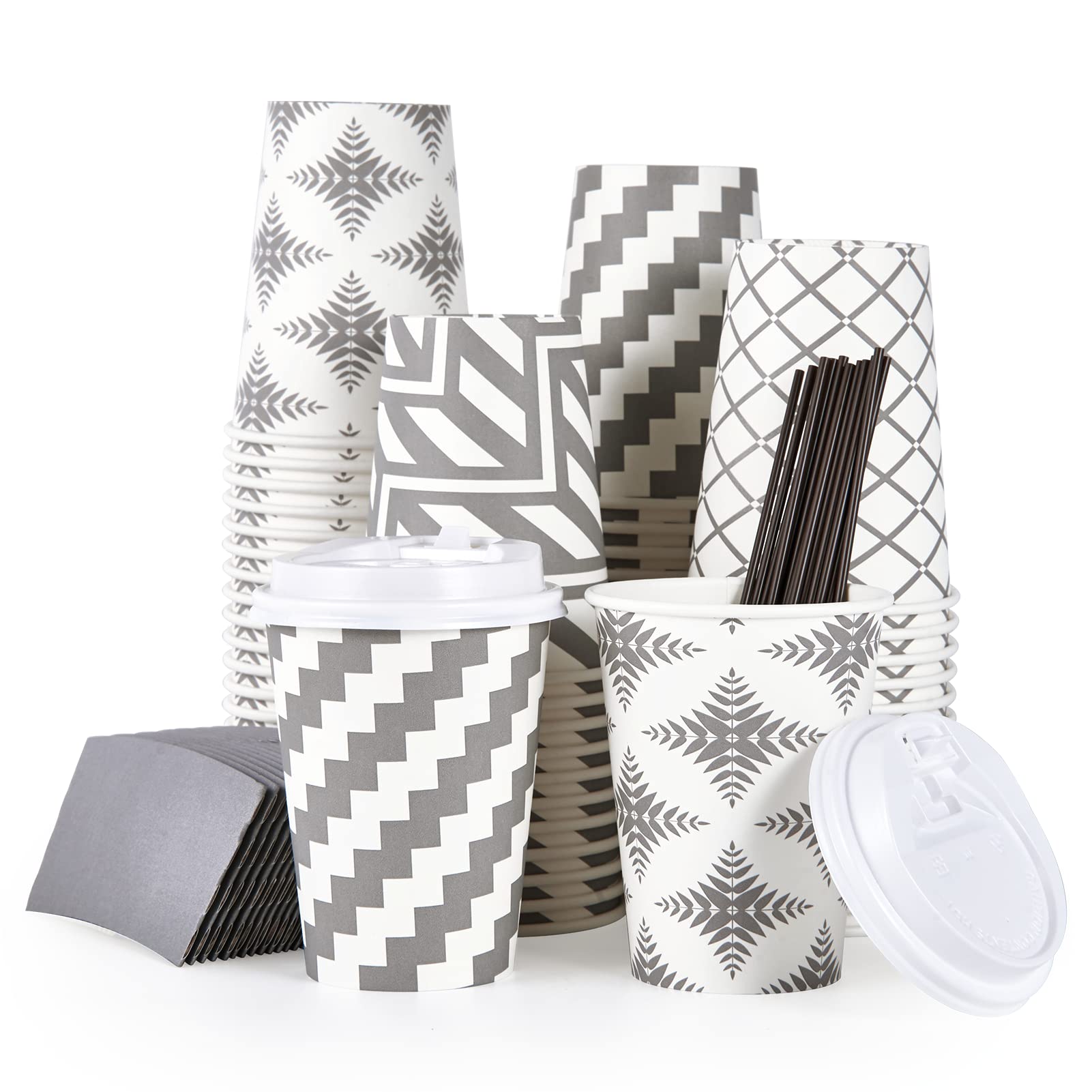 LITOPAK 100 Pack 12 oz Disposable Paper Coffee Cups with Lids, Sleeves & Straws - 4 Stylish Designs for Hot Beverages - Perfect for Home, Office, Coffee Shops & Cafes - Ideal for Daily Coffee, Tea, Parties & Takeout Drinks