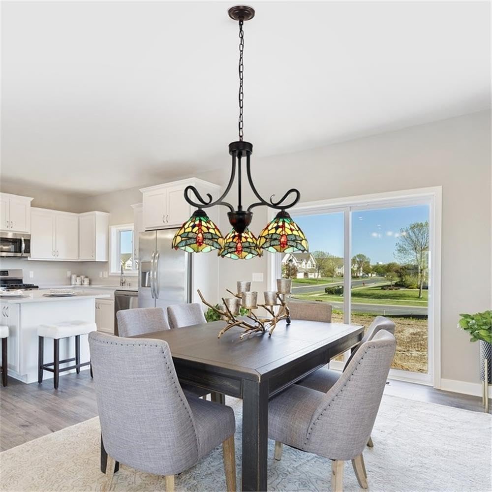 Chloe Lighting Empress Dragonfly Tiffany-Style Dark Bronze 3-Light Mini Chandelier - 24 Inch Wide Ceiling Light Fixture for Dining Room, Bedroom & Living Room Decor
