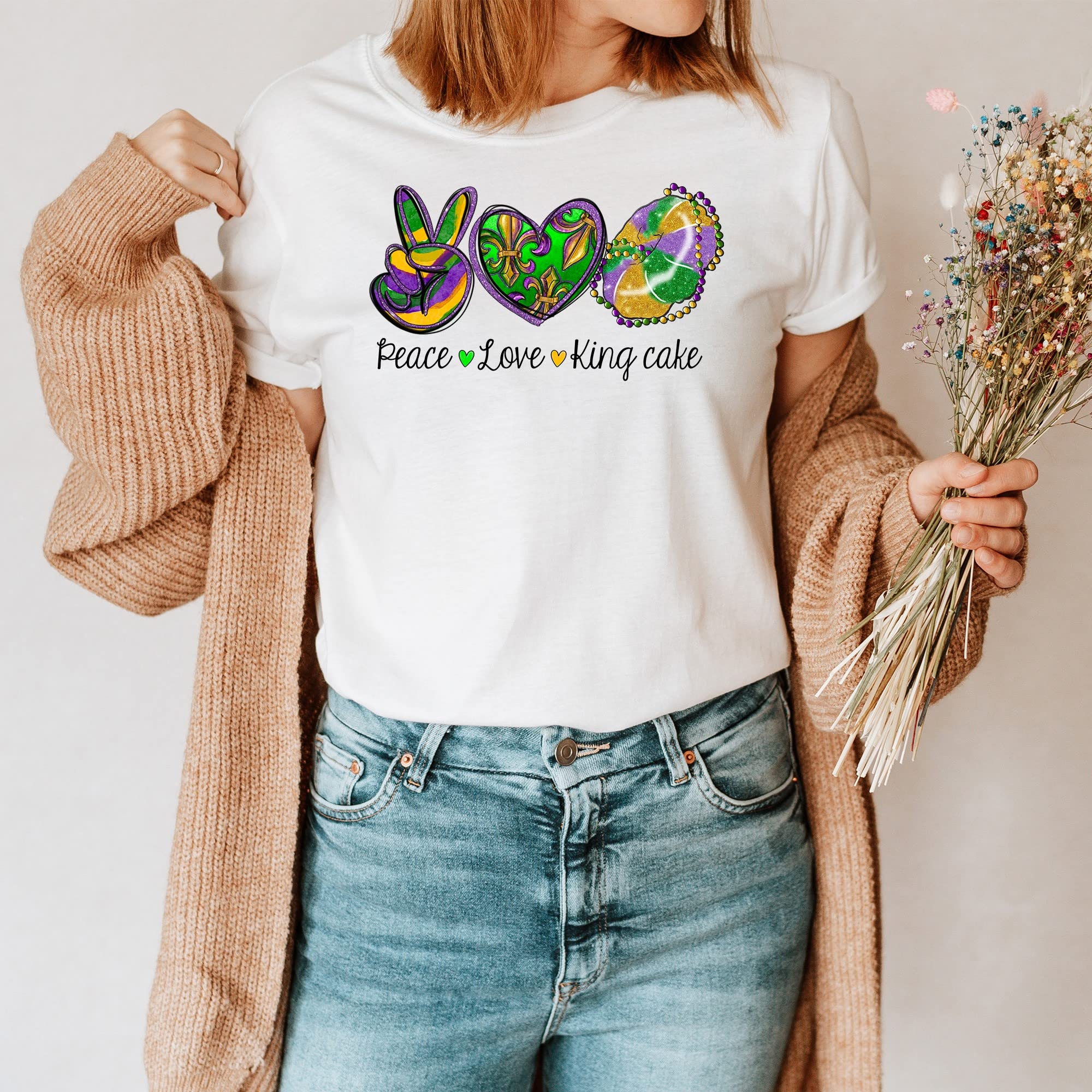 Peace Love King Cake Mardi Gras T-Shirt - Fun Mardi Gras Party Tee for Festivals, Parades & Celebrations