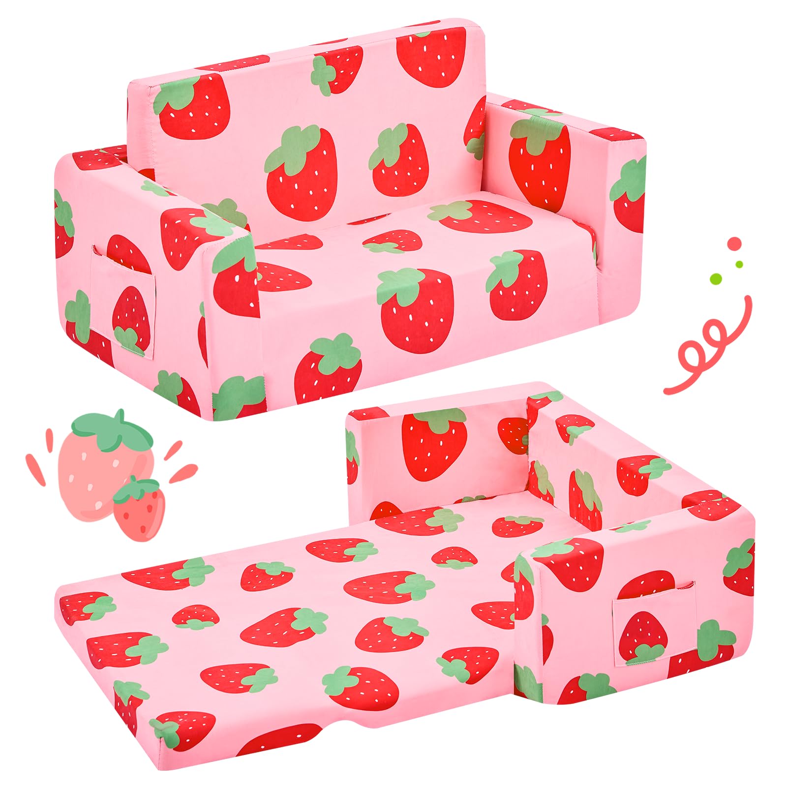 2-in-1 Convertible Toddler Couch & Lounger - Foldable Kids Sofa Chair for Boys & Girls - Soft Baby Play Furniture for Nursery, Playroom & Living Room - Perfect Toddler Gift (Strawberry Red, Large Size)