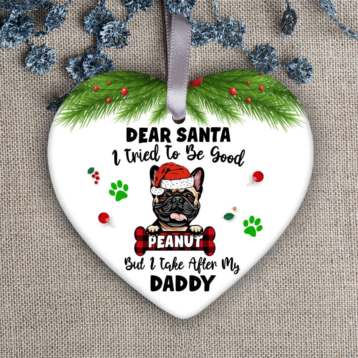 Personalized French Bulldog Christmas Pet Ornament with Santa Hat - 'Dear Santa I Tried to Be Good' Dog Gift for Dad, 3.2 Inch Hanging Heart Decor - Perfect for Holiday Tree, Pet Lover Gifts & Winter Home Decor