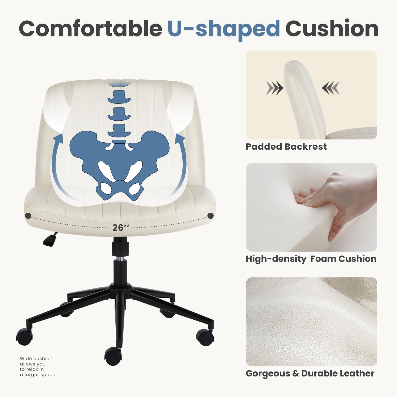 DUMOS Criss Cross Chair with Wheels - Adjustable Swivel Office Chair, Armless Wide Seat with Dual-Purpose Base, Leather Task Vanity Chair for Home Office & Workspace (Cream) - Perfect for Desk Work, Gaming & Study