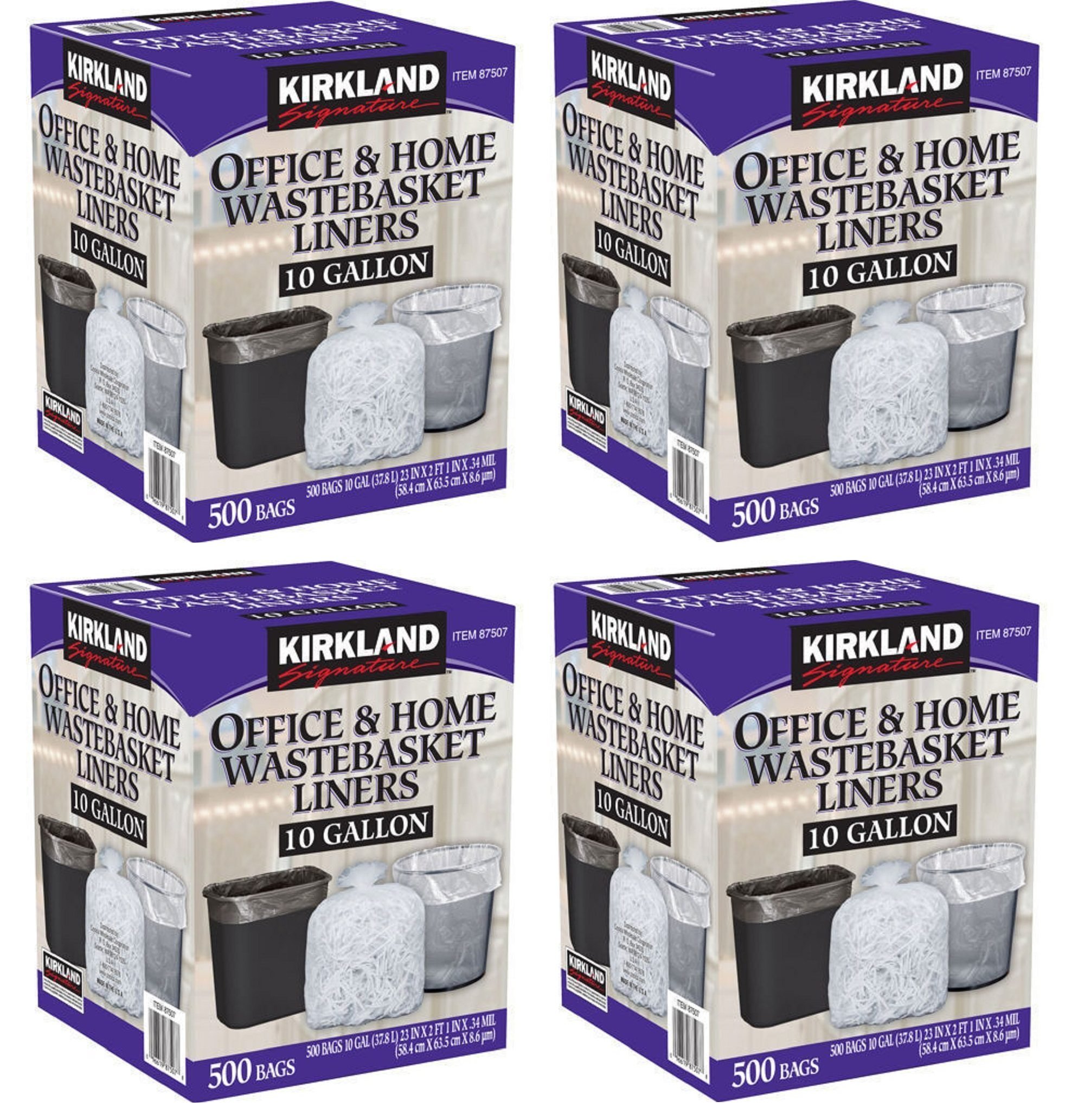 Kirkland Signature 10 Gallon Clear Trash Bags, 4 Pack (500 Count) - Heavy Duty Kitchen & Office Wastebasket Liners for Garbage Cans & Recycling Bins