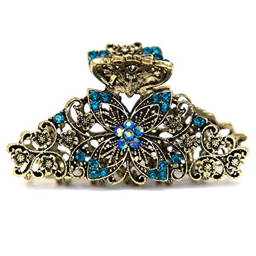 Women's Large Rhinestone Crystal Hair Claw Clip - XLarge Metal Flower Hair Clamp for Thick Hair | Elegant Hair Accessories for Parties, Weddings & Everyday Use (Blue)