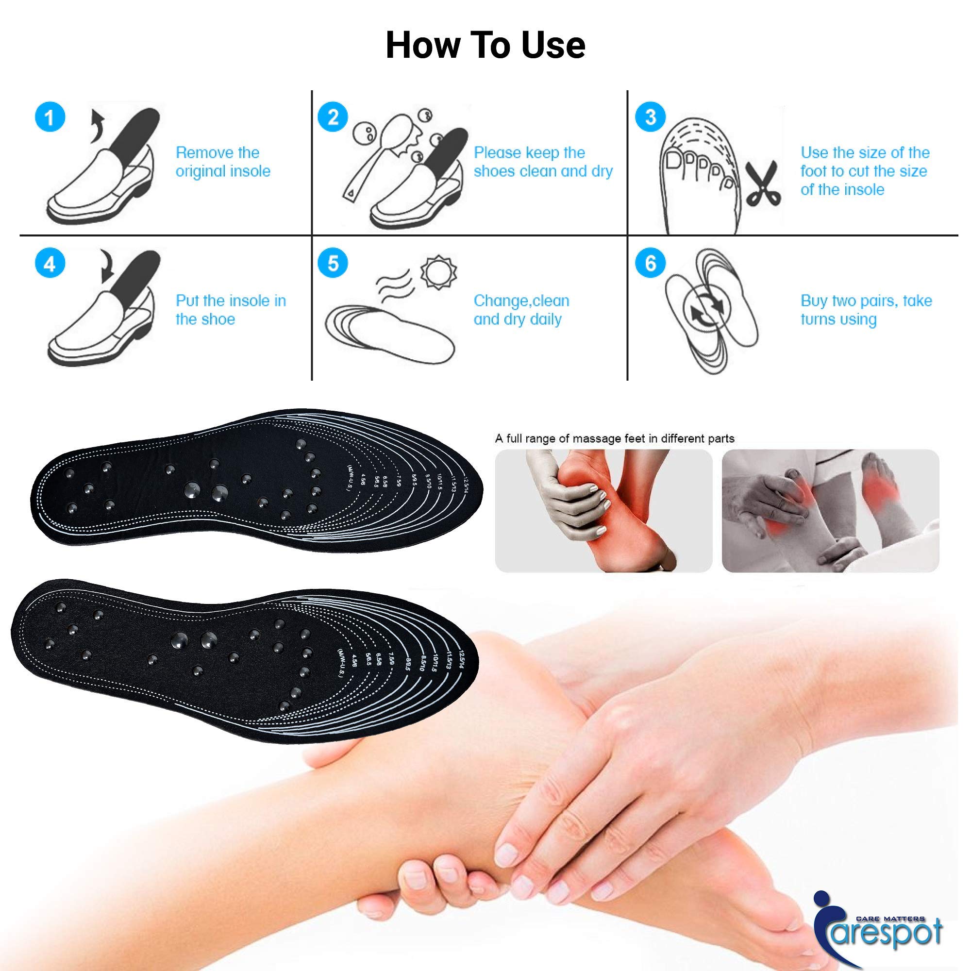 Carespot Magnetic Acupressure Massage Insoles for Men & Women - Reflexology Foot Therapy Pain Relief Shoe Insoles with Memory Foam | Unisex Orthotic Support for Plantar Fasciitis, Heel Spurs & Foot Fatigue - Perfect for Work, Running & Daily Comfort (Black)