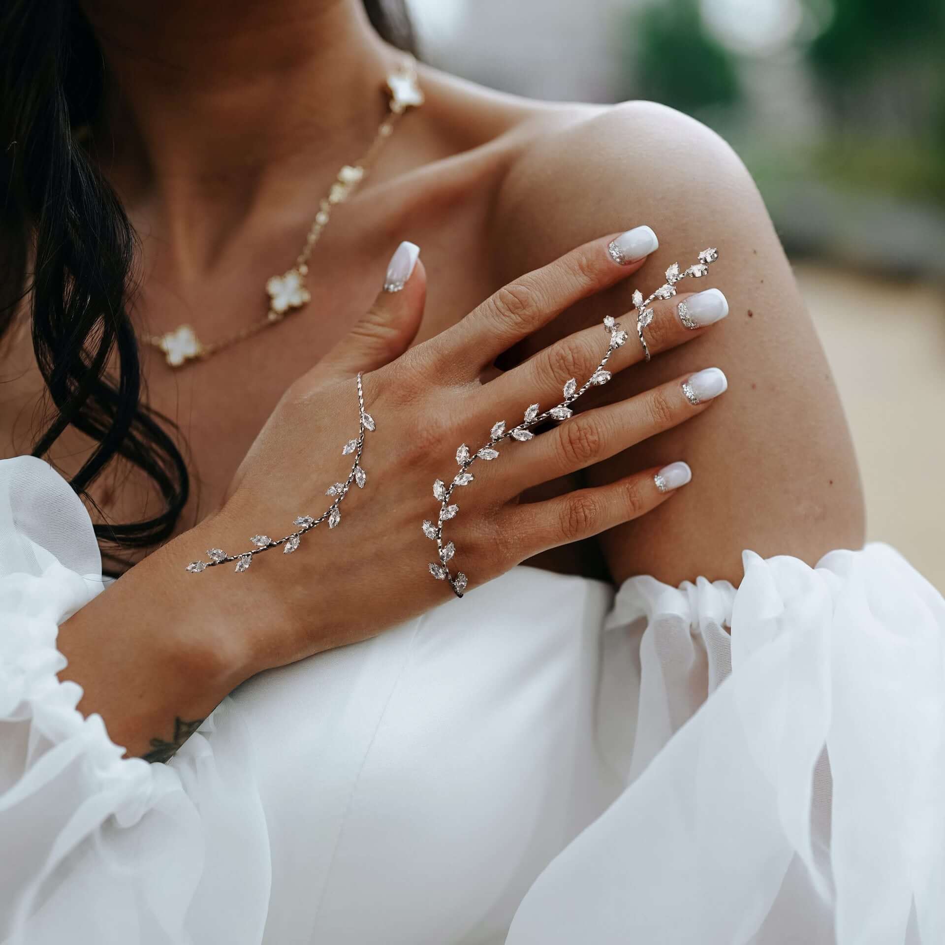 Olive Branch Leaf Bridal Hand Cuff Bracelet - Elegant Wedding Jewelry for Brides, Bridesmaids & Boho Weddings | WJ806 | Perfect for Beach, Garden & Outdoor Ceremonies