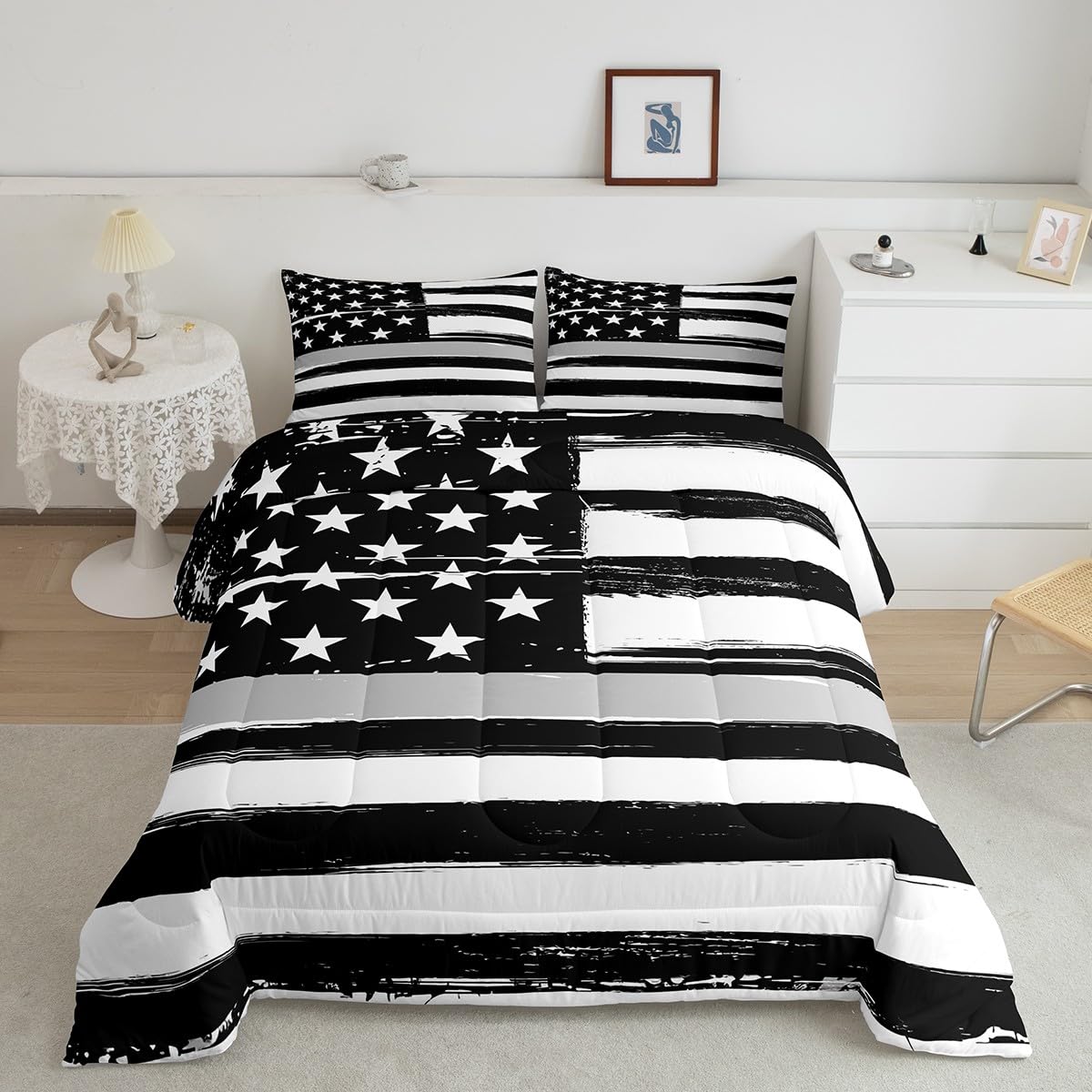 American Flag Comforter Set - USA Patriotic Bedding for Kids, Boys, Girls & Teens - Black, White & Grey Queen Size Down Alternative Comforter - All Season Independence Day Decor for Bedroom, Dorm, Camping & Holidays