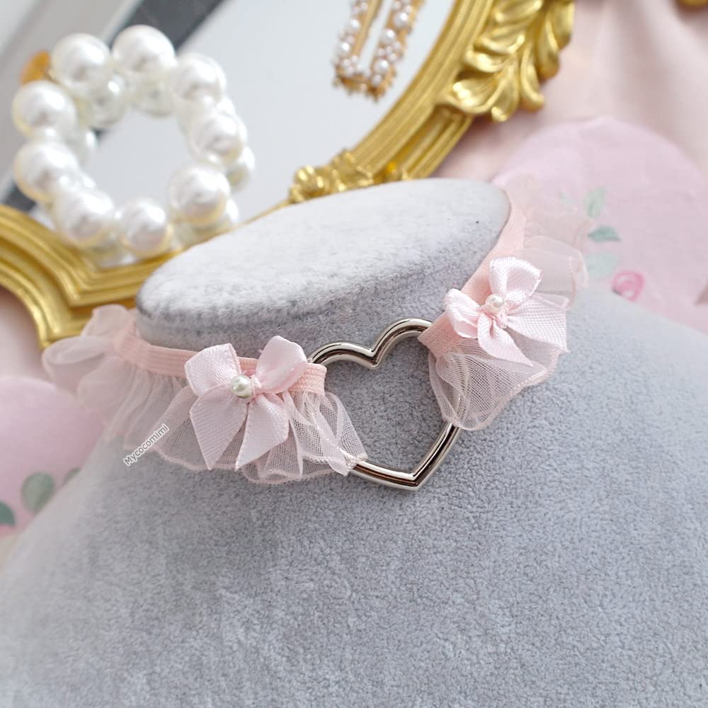 Romantic Heart Blush Pink Lace Choker Necklace with Ruffles, Baby Pink Bow & Little Pearl - Kawaii Lovely Jewelry for Women, Girls - Perfect for Valentine's Day, Date Night, Party & Gift Giving
