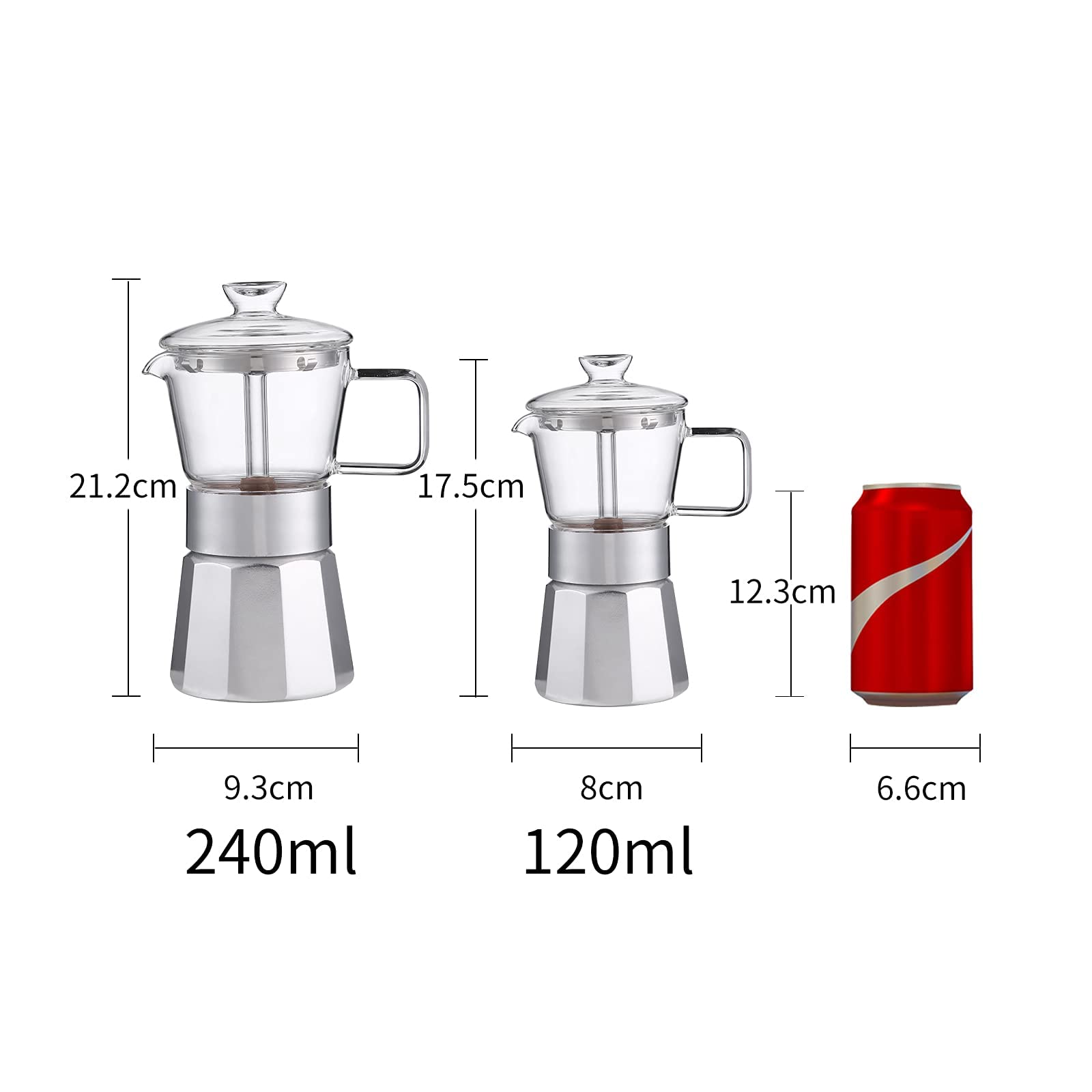 Moka Stovetop Espresso Maker - 240ml (6 Cup) Italian Coffee Pot with Crystal Glass Top & Aluminum Body - Perfect for Home Brewing, Camping & Gifts