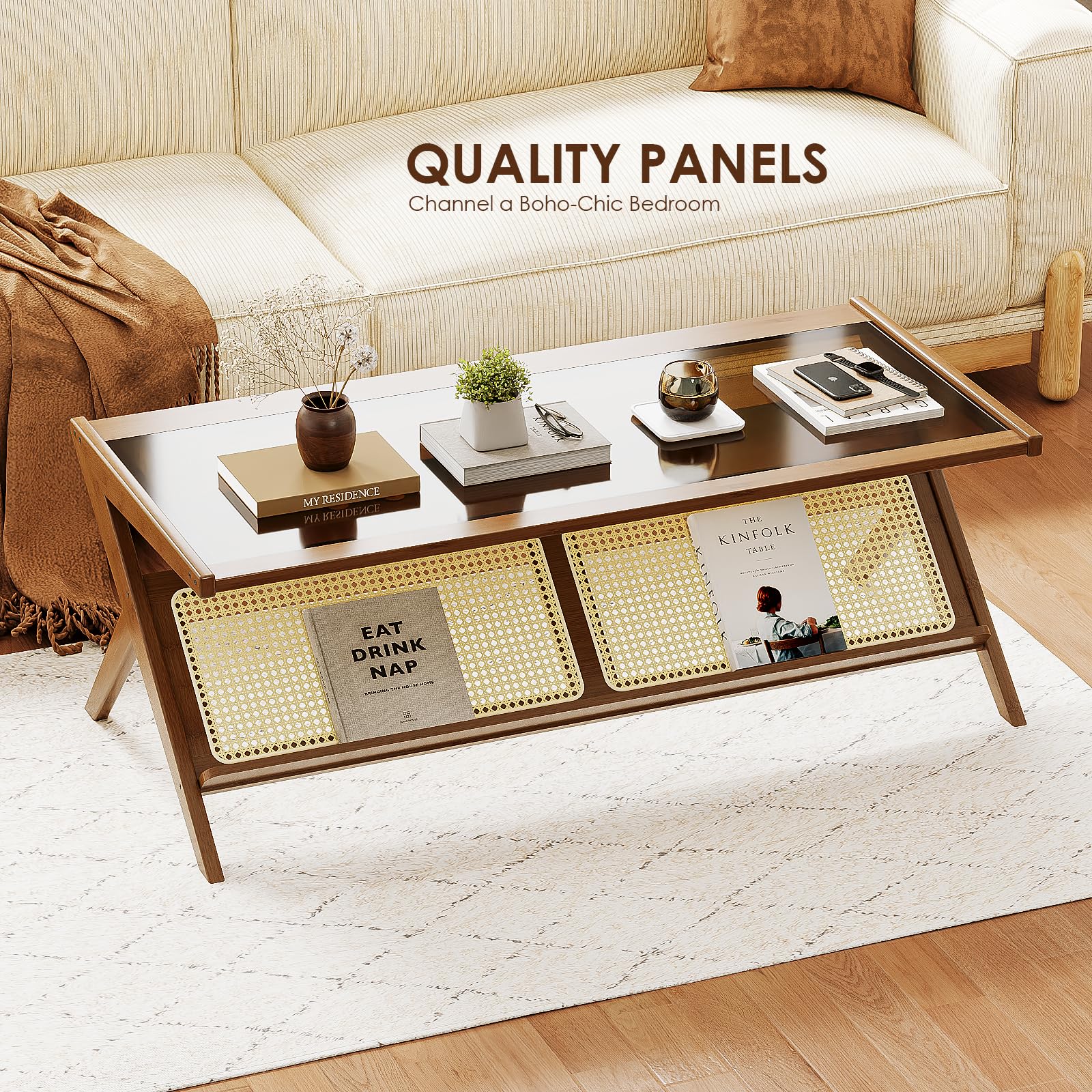 Mid-Century Modern Coffee Table with Glass Top & Rattan Storage - Brown Living Room Center Table for Home Decor, Small Space & Cozy Gatherings