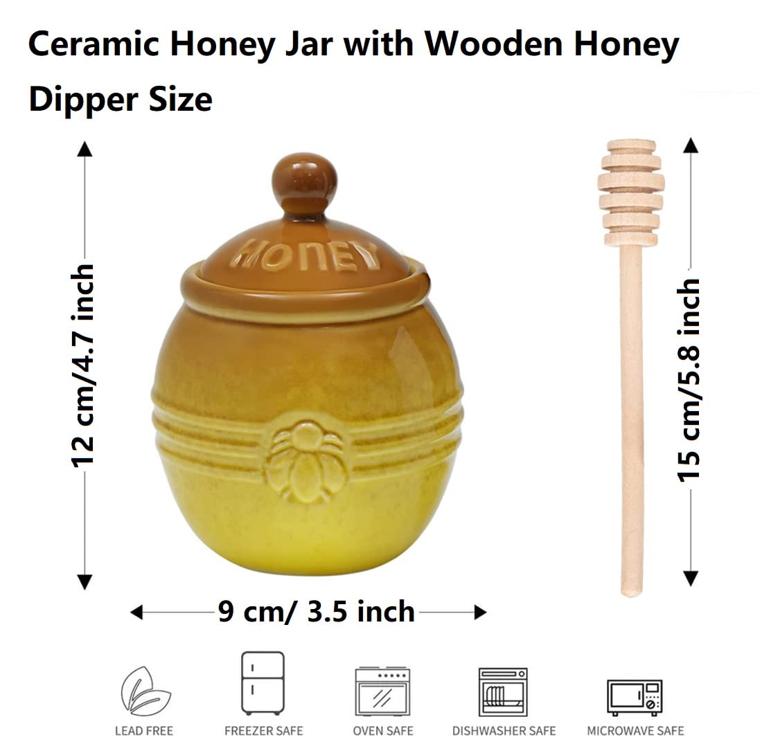Premium Ceramic Honey Jar with Wooden Dipper - Farmhouse Style Honey Pot Set with Stand - Natural Bee Decor for Kitchen & Dining - Perfect for Tea, Toast & Gift Giving (Brown)