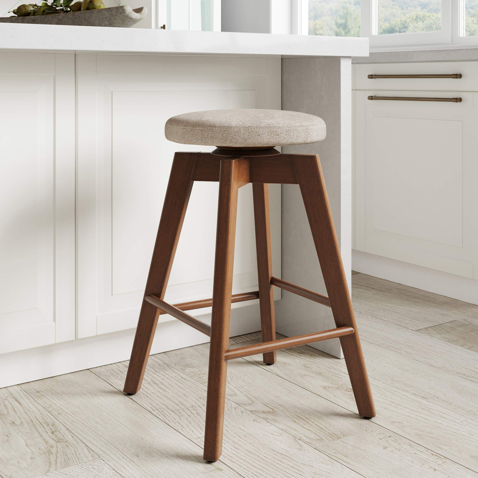 Amalia Backless Kitchen Counter Height Bar Stool - Solid Wood 360° Swivel Seat in Antique Coffee/Natural Wheat - Perfect for Breakfast Bars, Kitchen Islands & Small Spaces