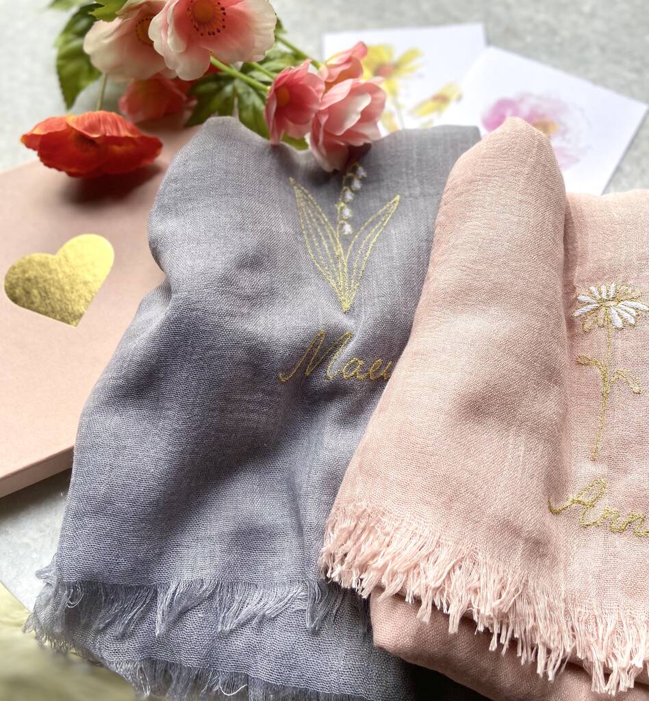 Birth Flower Scarf with Greeting Card in Elegant Gift Box - Perfect Birthday Present for Women, Mother's Day Gift Idea