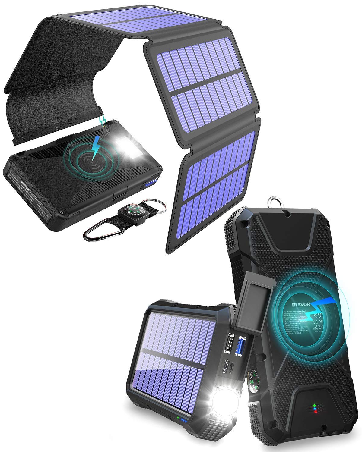 20,000mAh Solar Power Bank with Wireless Charging & Detachable Solar Panels - Portable PD Fast Charger for iPhone, Android, Tablets - Perfect for Camping, Hiking, and Emergency Power Outages