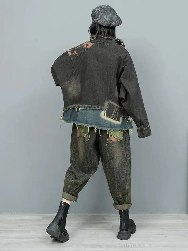 Women's Big Size Denim Jacket & Wide Leg Pants Two-Piece Suit - 2025 Spring Autumn Fashion Trend with Lapel Design & Long Sleeves (Style 1DH9117) | Perfect for Casual Outings, Office Wear & Street Style