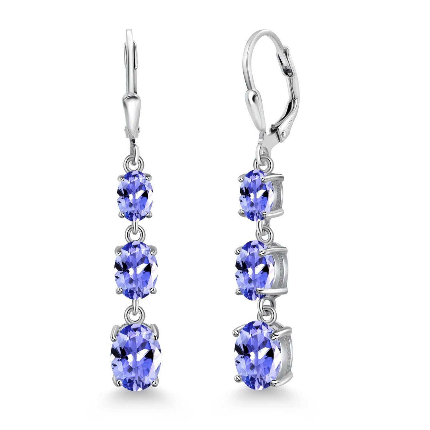 Gem Stone King 3-Stone Leverback Drop Dangle Earrings for Women - 925 Sterling Silver Birthstone Jewelry | Oval 8x6mm, 7x5mm & 6x4mm Gemstones | Elegant Gift for Mom, Wife, Her | Perfect for Weddings, Anniversaries & Special Occasions