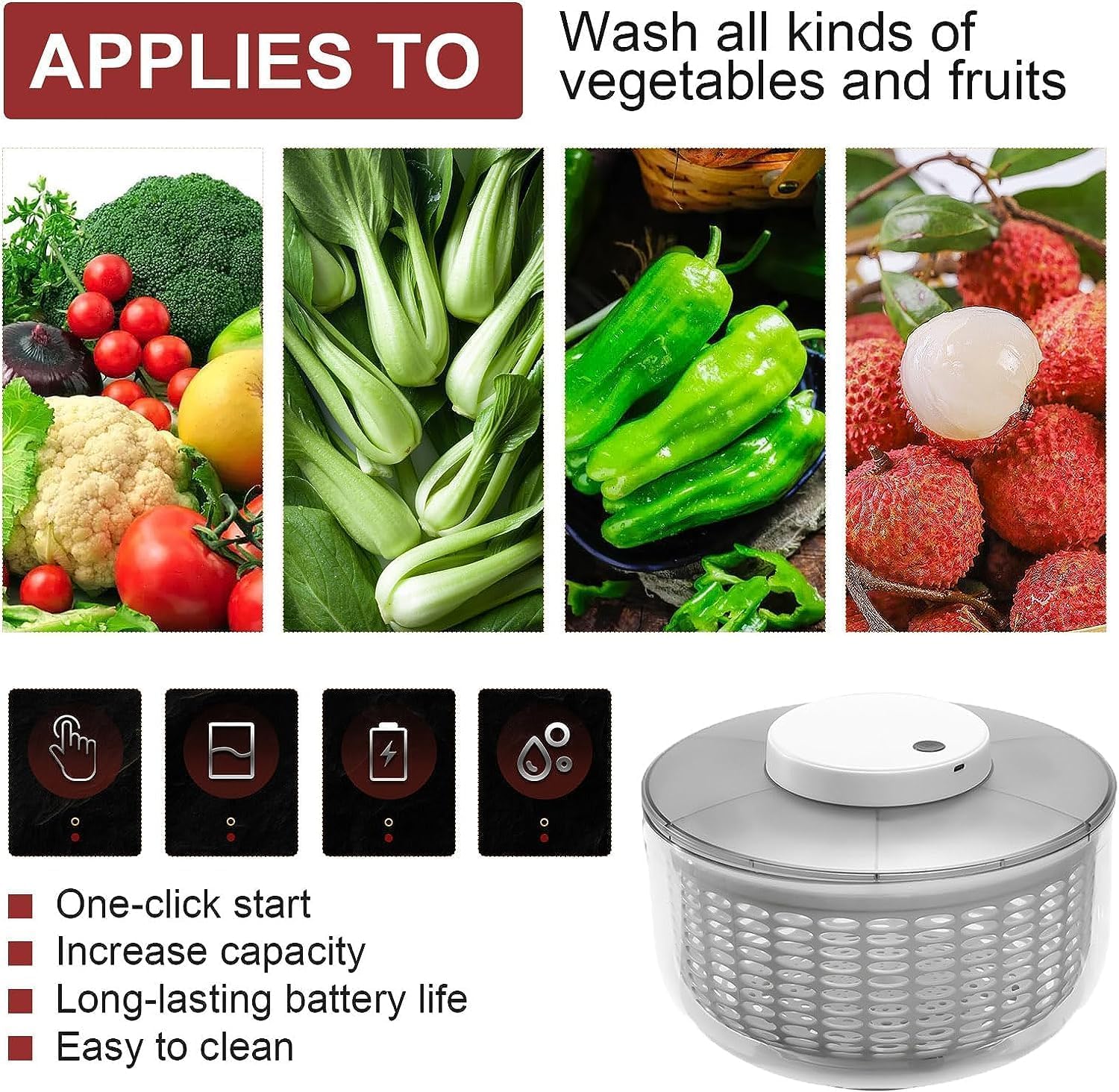 6.3 Qt Electric Salad Spinner with 350ml Squeeze Bottle - Large Lettuce Dryer, Salad Mixer & Fruit Washer - Spin & Dry Greens, Fruits, Vegetables - Compact Kitchen Tool (White) - Perfect for Healthy Meal Prep, Quick Salad Making & Fresh Produce Cleaning