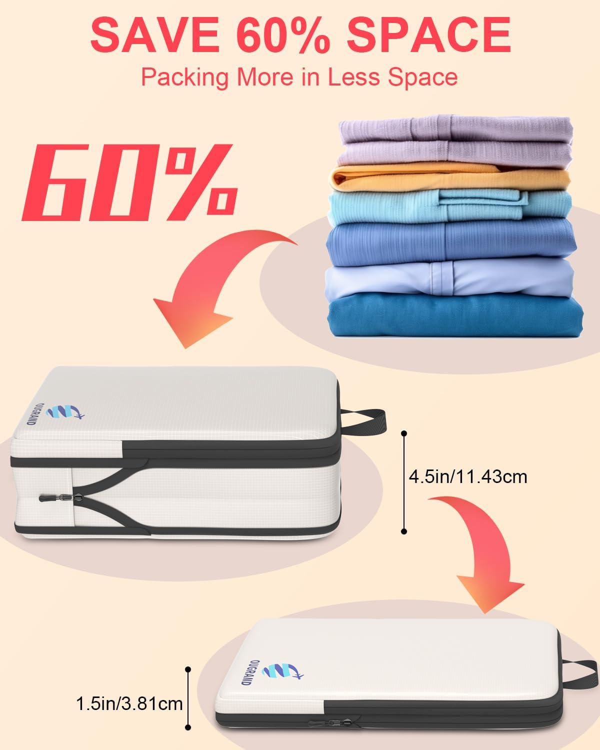 6-Piece Lightweight Compression Packing Cubes Set - Durable Travel Organizer Bags for Suitcases | Perfect for Weekend Trips & Business Travel (Beige)