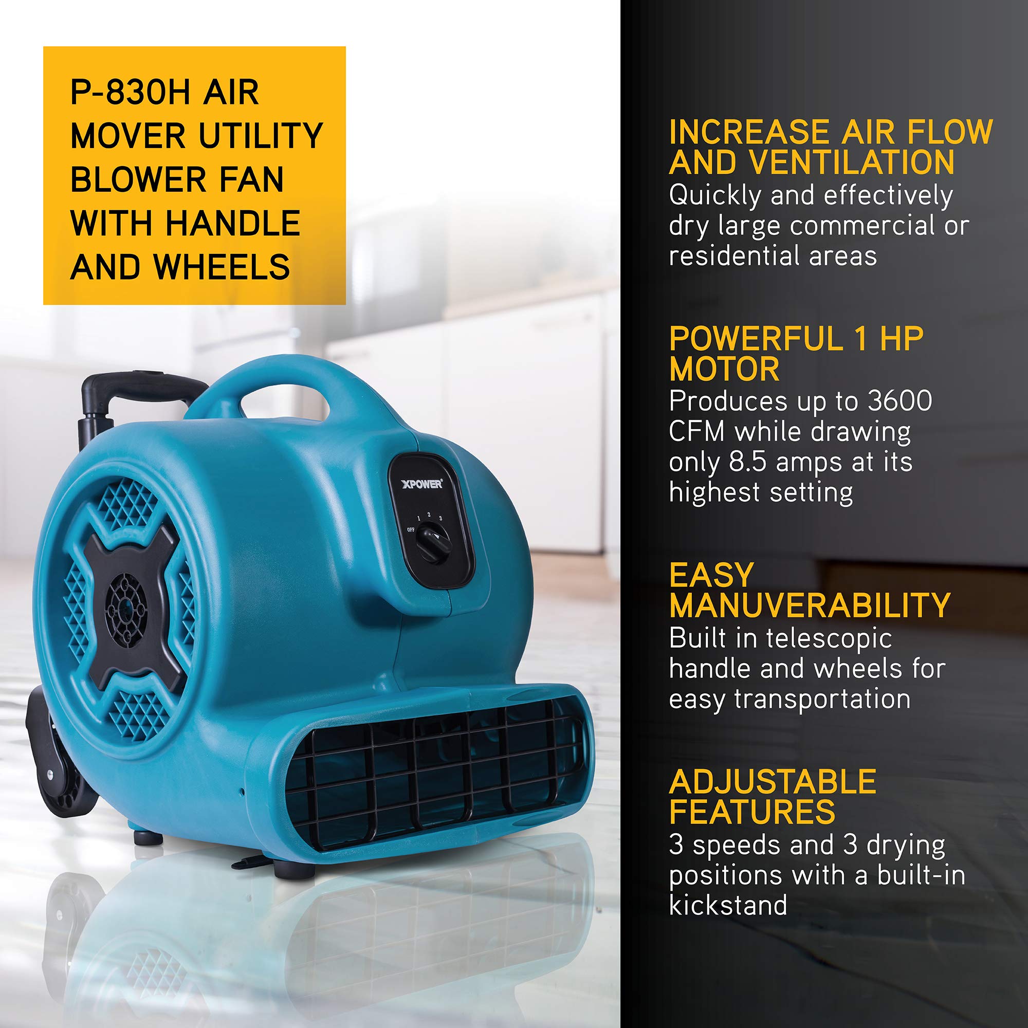 XPOWER P-830H Pro 1 HP 3600 CFM Heavy Duty Centrifugal Air Mover - Carpet Dryer, Floor Fan & Blower with Telescopic Handle & Wheels - Ideal for Water Damage Restoration, Janitorial Cleaning, Plumbing Work & Home Use - Perfect for Basements, Garages & Flooded Areas