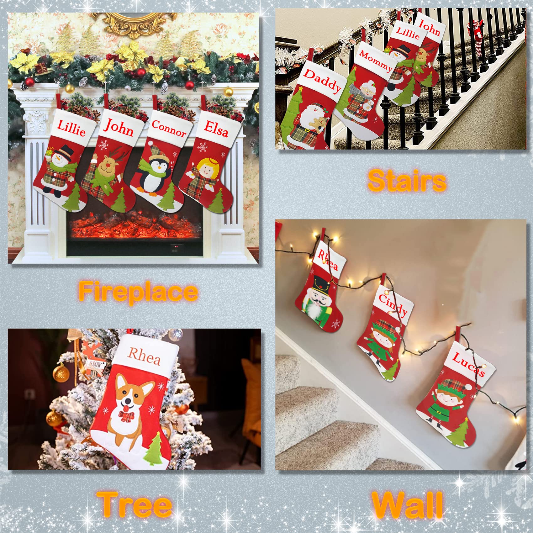 Set of 4 Personalized Christmas Stockings - 18 Inch Fleece Stockings with Embroidery Names for Family (Santa, Mrs. Claus, Snowman, Reindeer Designs) - Perfect for Holiday Decor, Fireplace Mantel & Gift Giving