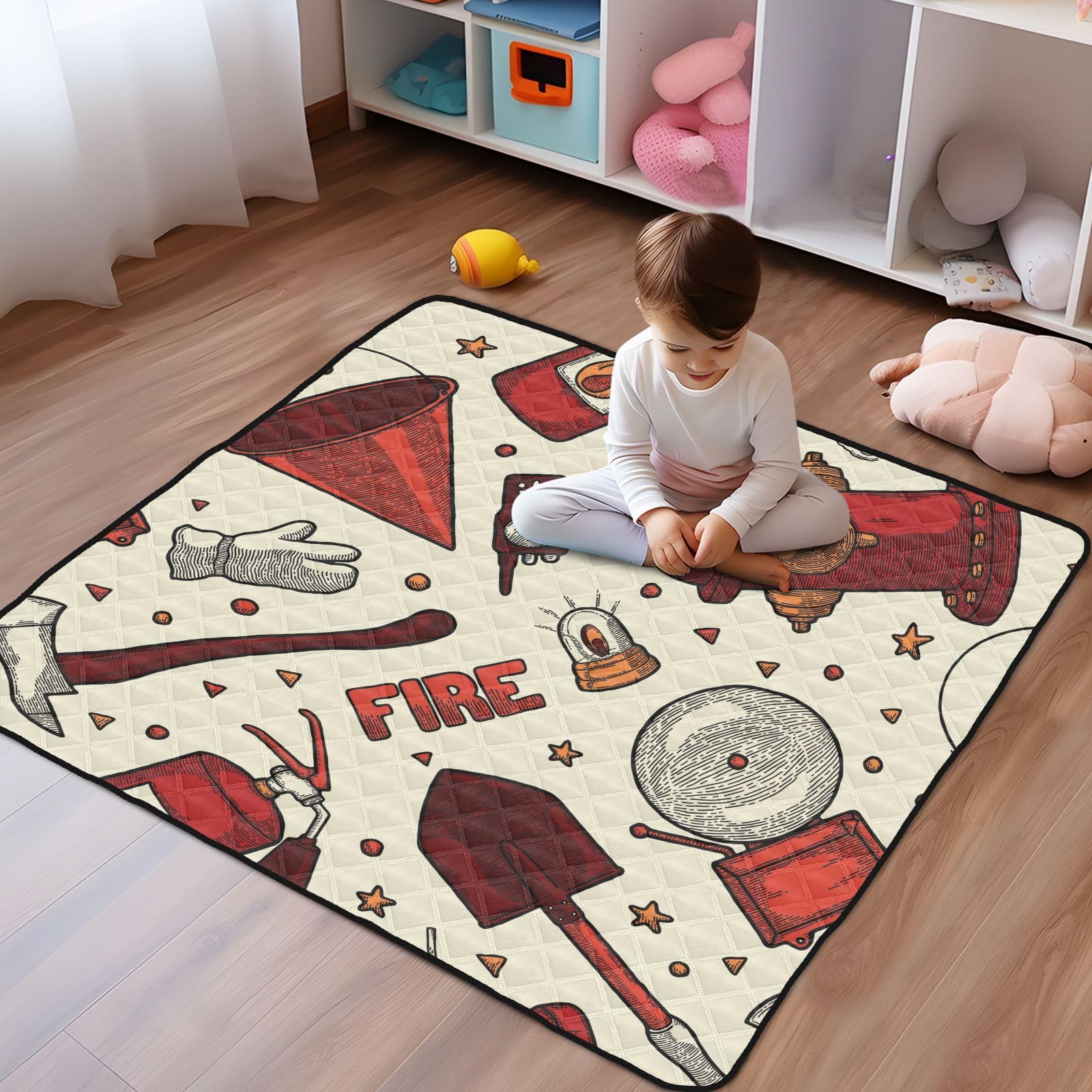 Retro Fire Fighter Seamless Pattern Baby Playmat - 50'' x 50'' Waterproof Foldable Play Mat for Infants, Toddlers & Kids - Perfect for Indoor & Outdoor Use in Nursery, Daycare or Backyard