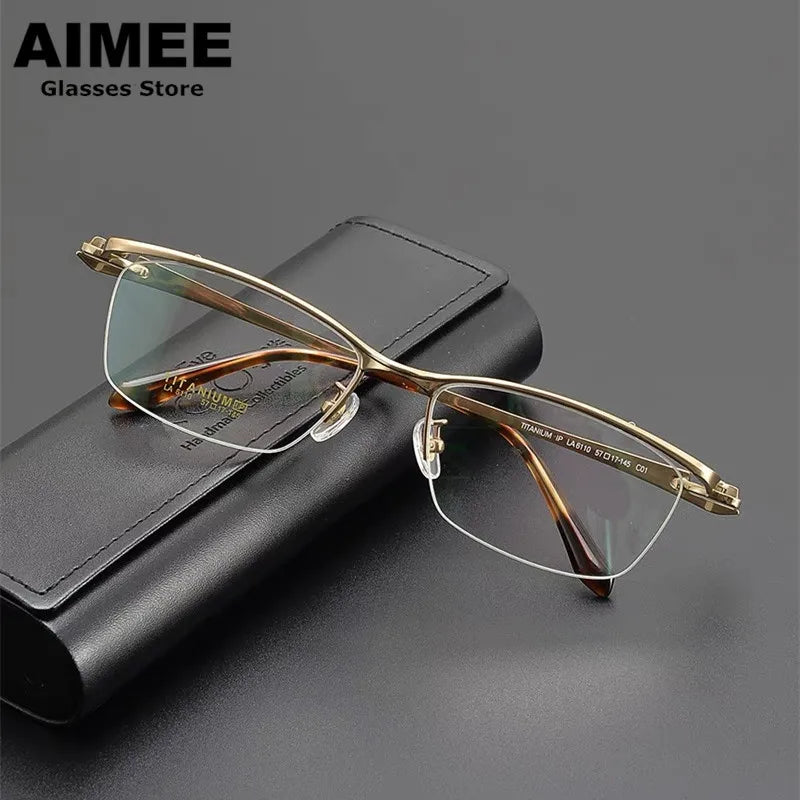 Unisex Semi-Rimless Square Titanium Eyeglasses Frame 46110 - Lightweight & Durable for Work, Reading & Fashion