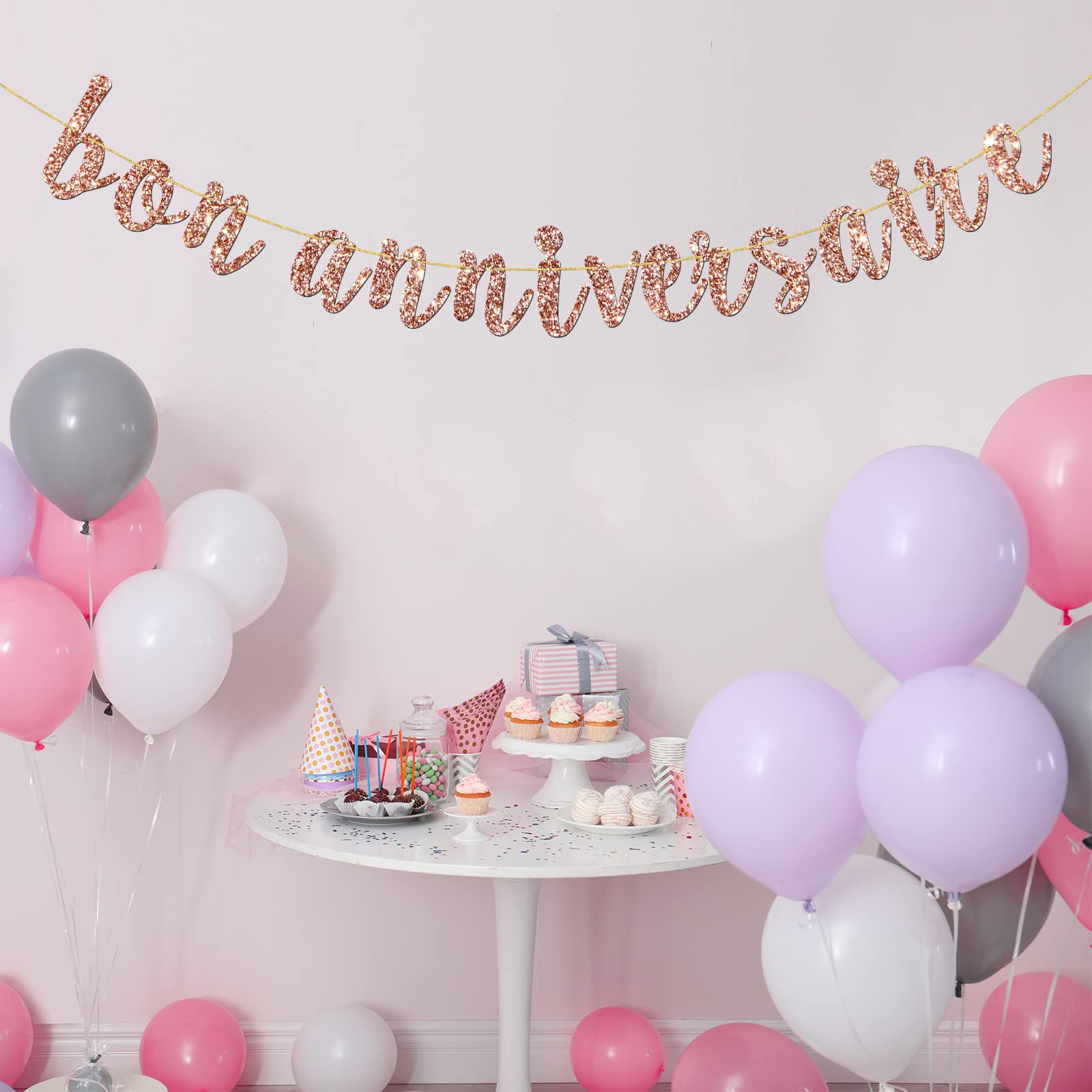 INNORU Bon Anniversaire Banner - French Themed Birthday Party Decorations with Rose Gold Glitter | Anniversary Bunting Garland for Wedding, Baby Shower & Special Events