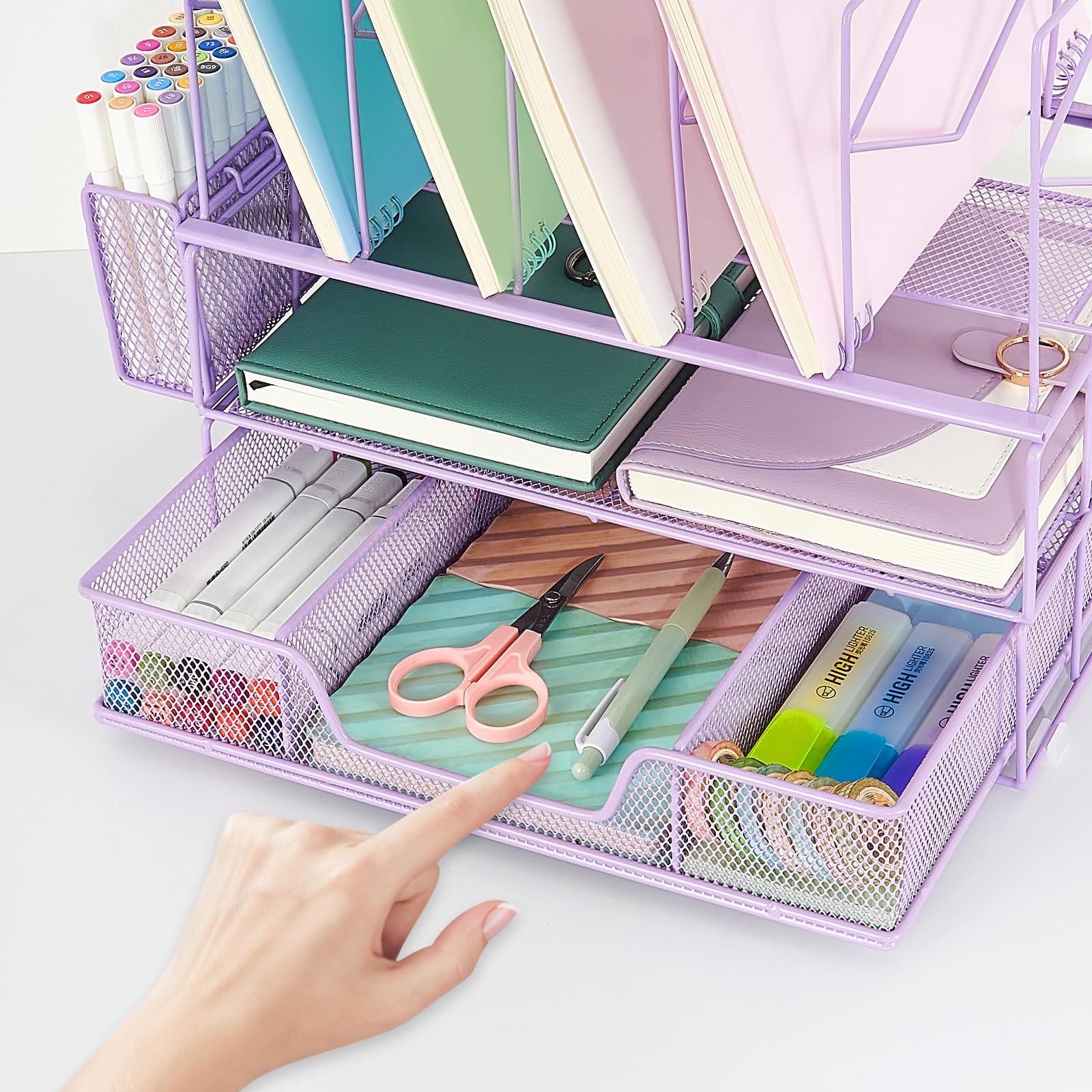 Youbetia Purple Desk Organizer with Pencil Holder, Drawer & Double Tray - 5 Upright Sections for Office Supplies Organization - Perfect for Home Office, School & Workspace Accessories